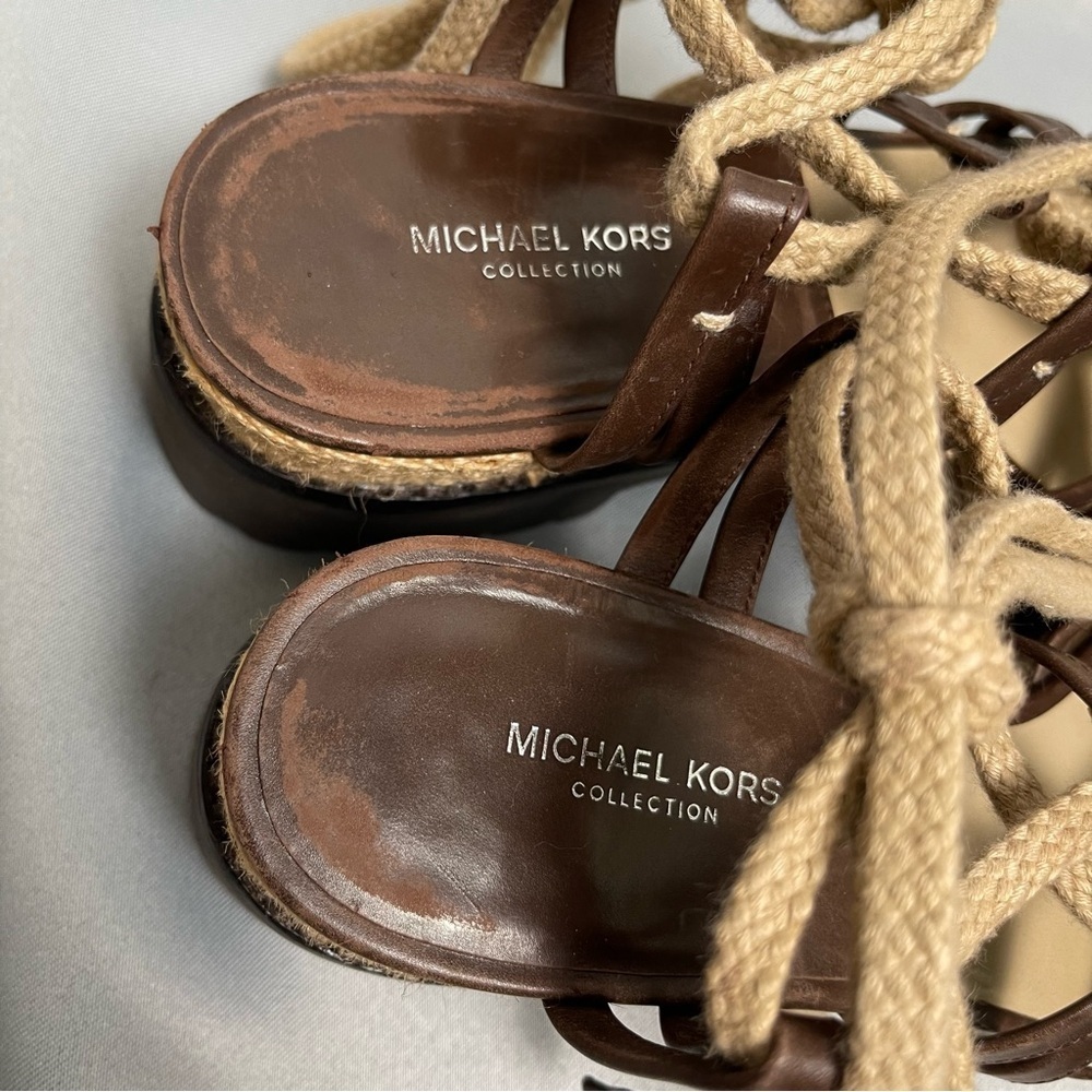 Michael Kors Brown Beige Platform Flatform Lace Up Sandals - Size 7.5, EU 37.5 - Picture 9 of 14